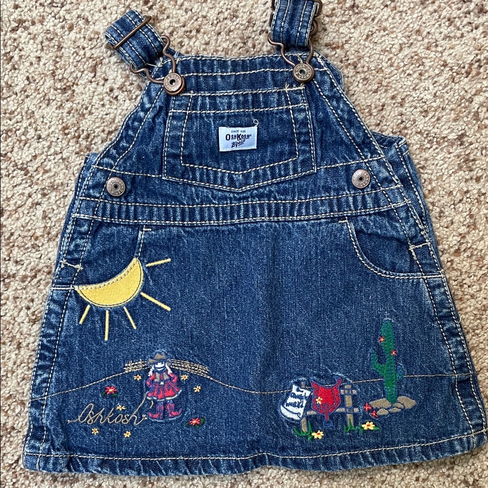 OshKosh B'gosh Denim Overall jumper dress western Colorful Embroidery 3 - 6 mon